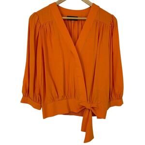 Karl Lagerfeld Paris Orange Faux Wrap Tie Waist 3/4 Sleeve Blouse Size XS Retro